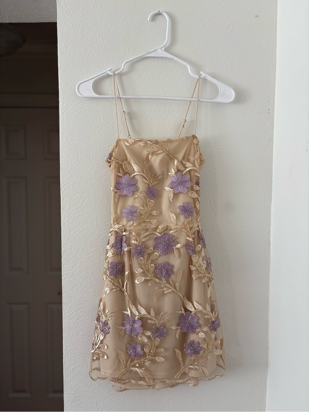 Lucy in the Sky Gold Dress with Lavender Floral Embroidery